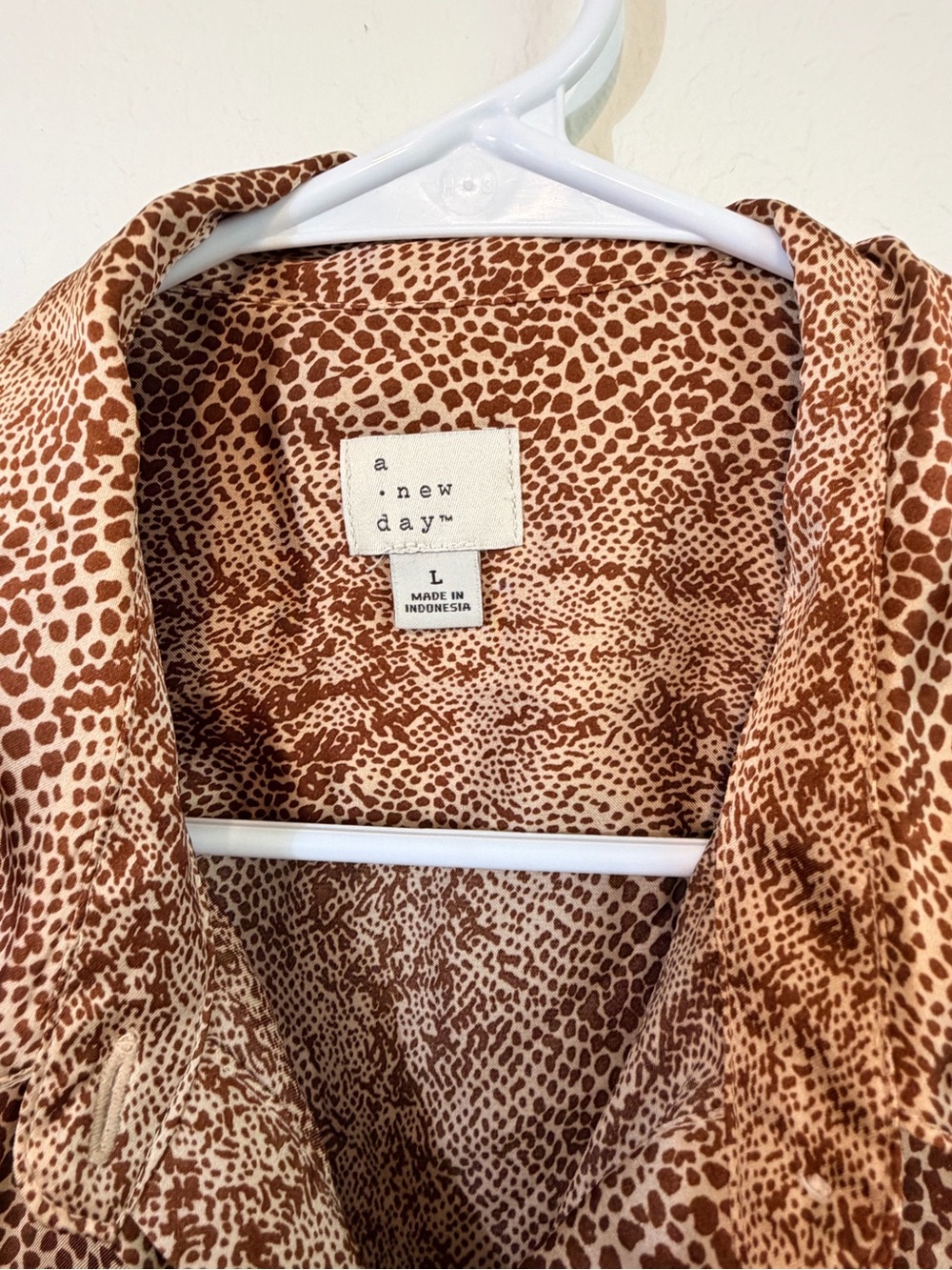 A New Day Brown Animal Print Satin Button Down Blouse Size Large